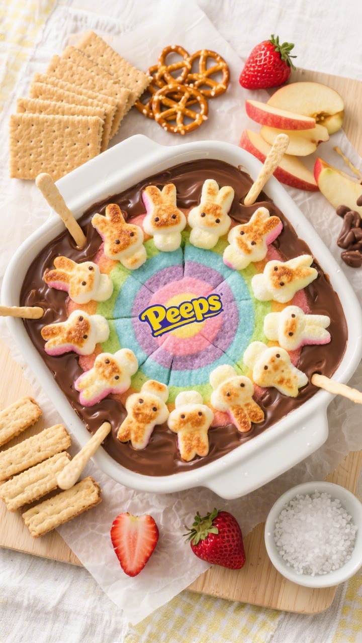 Tasty top view, overhead: Overhead shot of the finished Peeps S’mores Dip in an 8-inch square baki