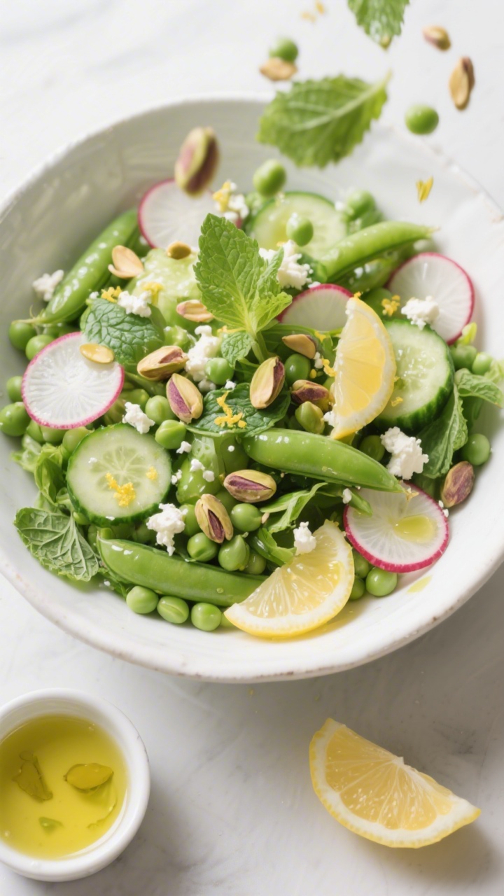 Tasty top view – Overhead salad toss: Overhead shot of the prepared Spring Pea and Mint Salad mid-
