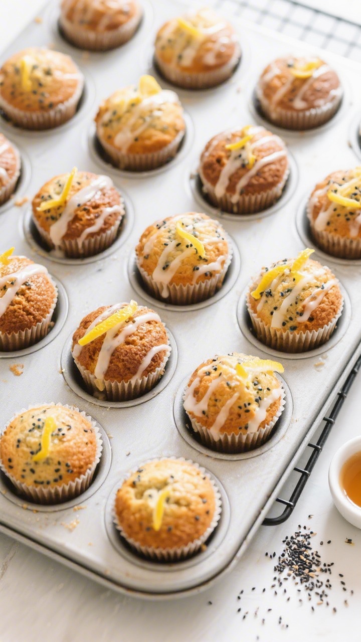 Tasty top view: Overhead shot of 12 lemon poppy seed muffins still in the muffin tin, tall domes eve