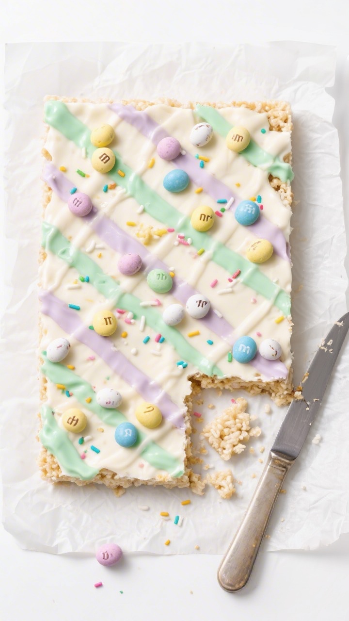 Tasty top view: Overhead shot of a 9x13 slab of Easter Rice Krispie Treats on parchment paper, fully