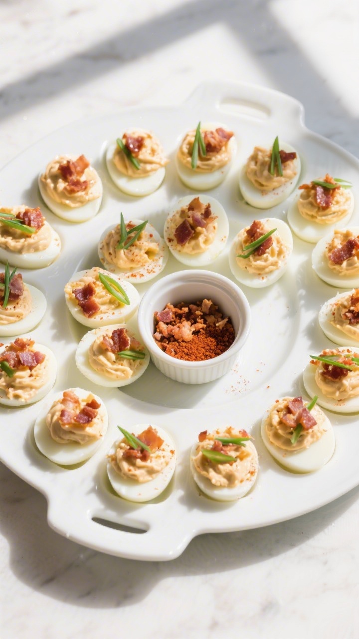 Tasty top view: Overhead shot of a deviled egg platter arranged in a neat spiral on a white deviled-