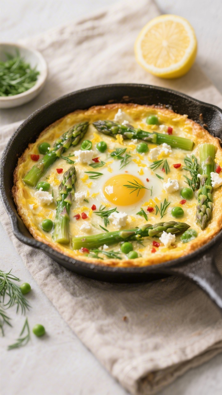 Tasty top view: Overhead shot of a freshly baked spring vegetable frittata, puffed and lightly golde