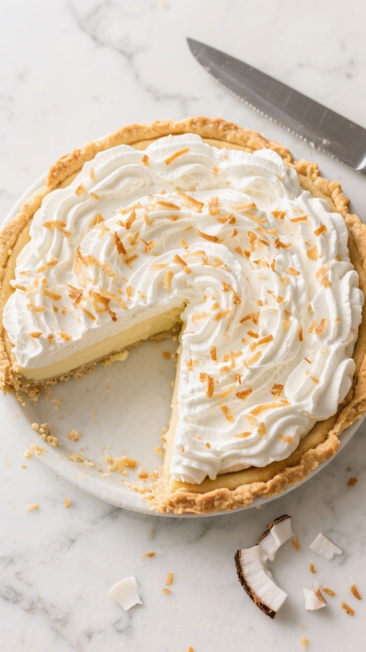 Tasty top view: Overhead shot of a fully assembled coconut cream pie in a golden, fully baked 9-inch