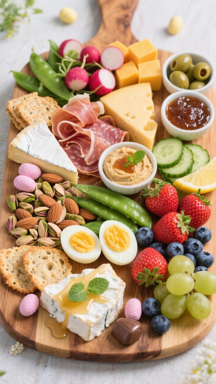 Tasty top view: Overhead shot of a fully assembled Easter charcuterie board on a large wooden platte