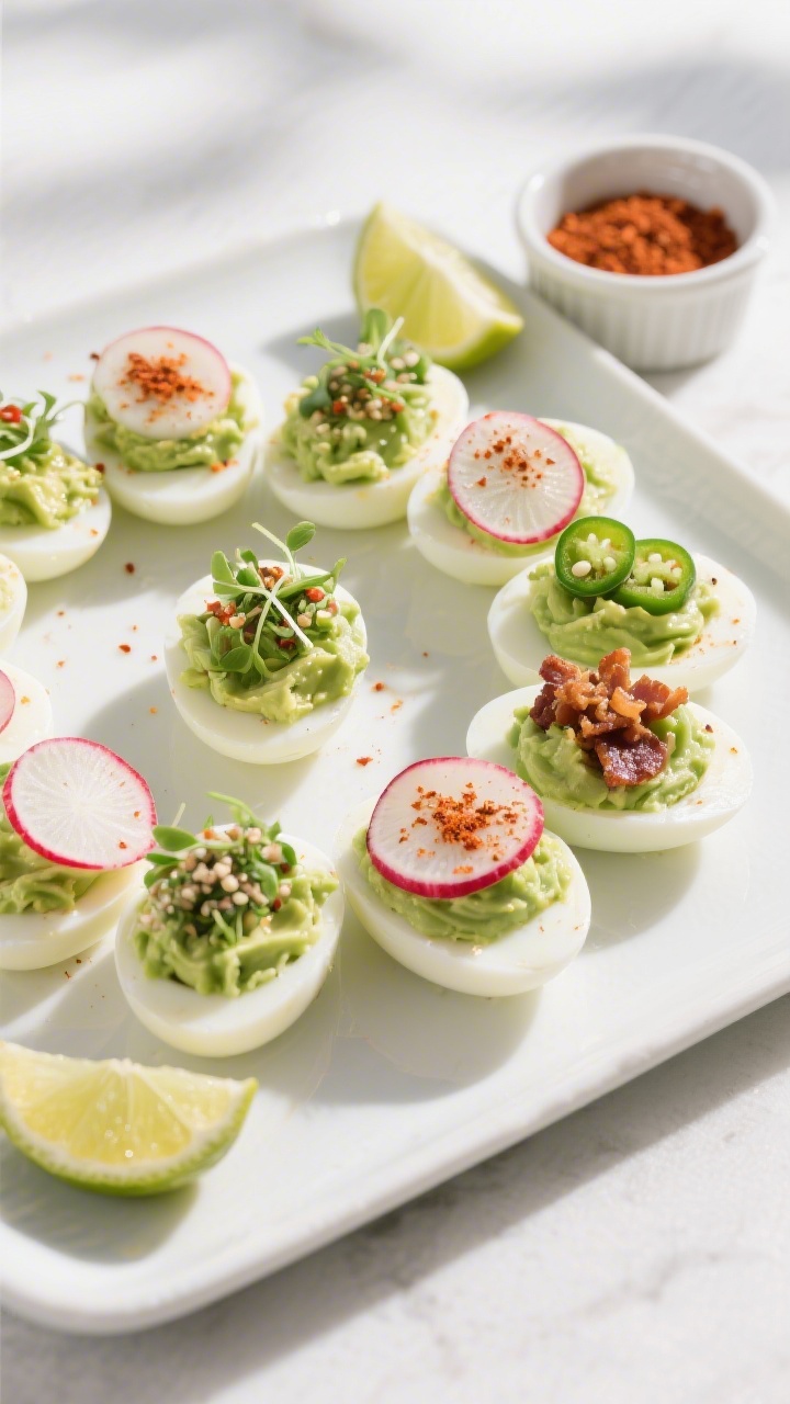 Tasty top view: Overhead shot of a platter of avocado deviled eggs arranged in a neat spiral on a ma