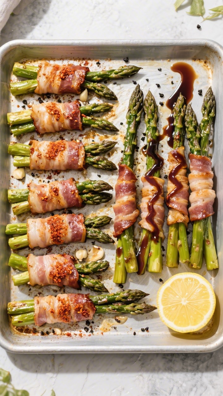 Tasty top view: Overhead shot of a sheet pan of roasted bacon-wrapped asparagus spaced evenly for cr