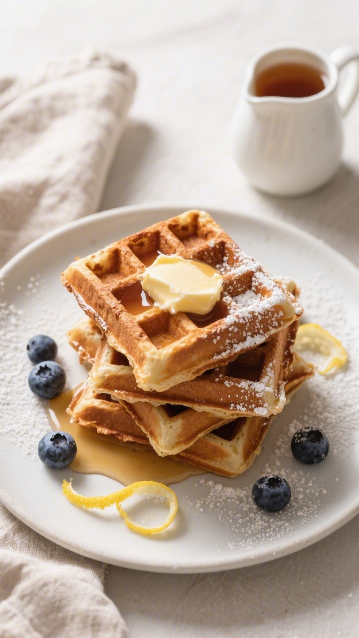 Tasty top view: Overhead shot of a stack of sourdough discard waffles on a matte white plate, each w