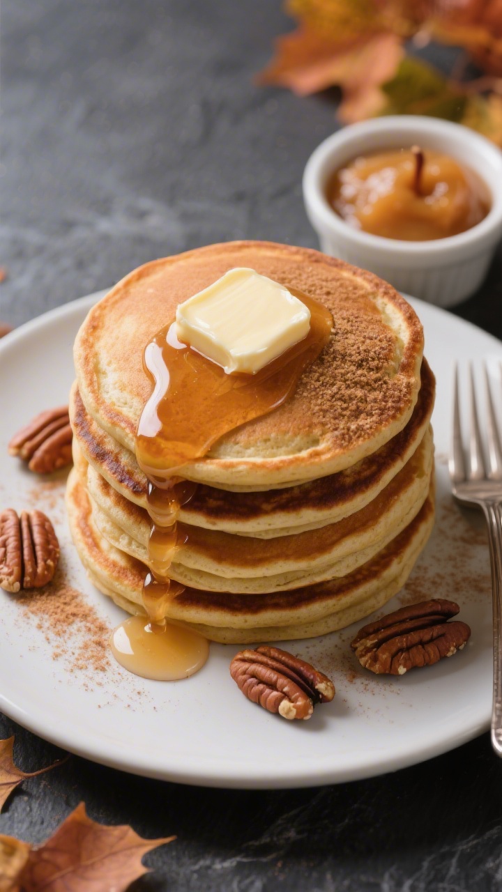 Tasty top view: Overhead shot of a tall stack of sourdough pumpkin pancakes on a matte white plate, 