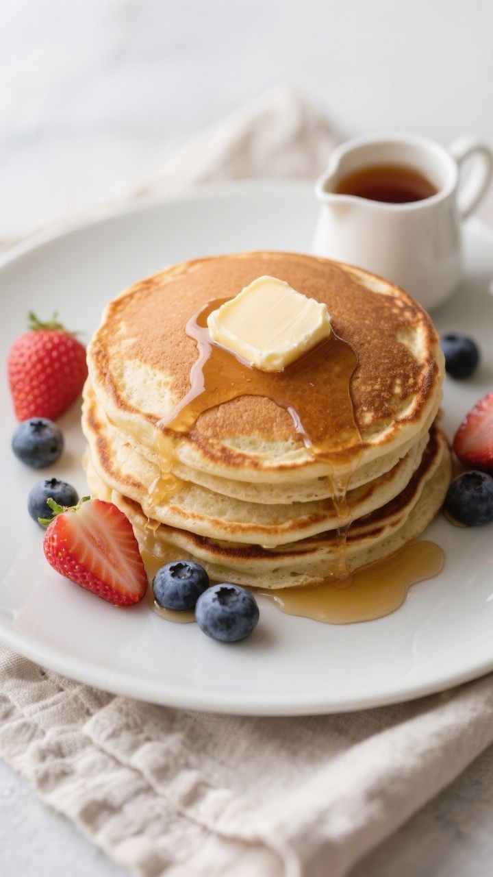 Tasty top view: Overhead shot of a warm stack of overnight sourdough pancakes on a matte white plate
