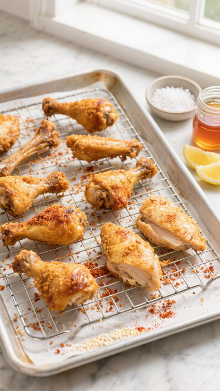 Tasty top view: Overhead shot of a wire rack laden with assorted finished pieces—thighs, drumstick