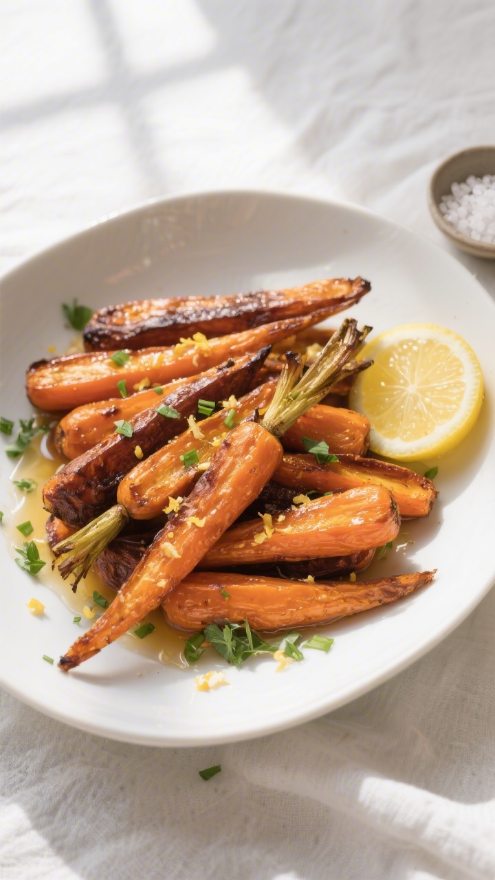 Tasty top view: Overhead shot of brown sugar roasted carrots arranged in a relaxed pile in a wide, w