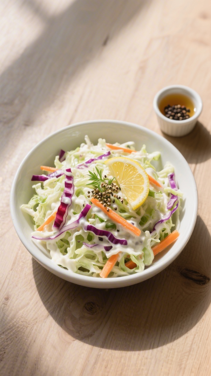 Tasty top view: Overhead shot of chilled, finished creamy coleslaw in a white ceramic serving bowl, 