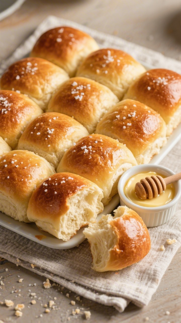 Tasty top view: Overhead shot of finished honey butter dinner rolls served family-style—an even 3x