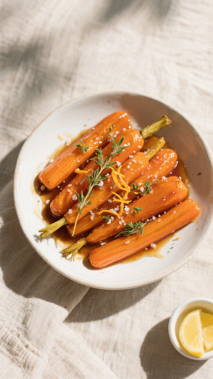 Tasty top view: Overhead shot of finished honey glazed carrots arranged in a shallow white serving b