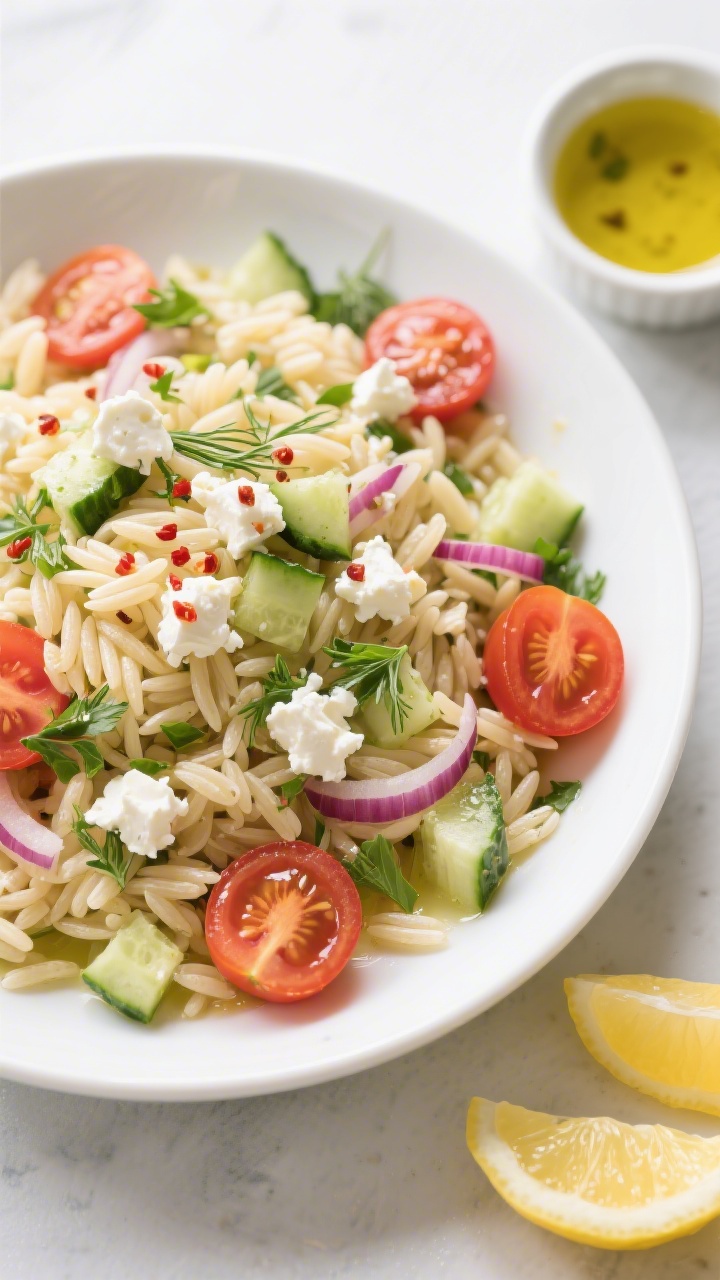 Tasty top view: Overhead shot of Lemon Orzo Salad in a wide, shallow white bowl—pearled orzo coate