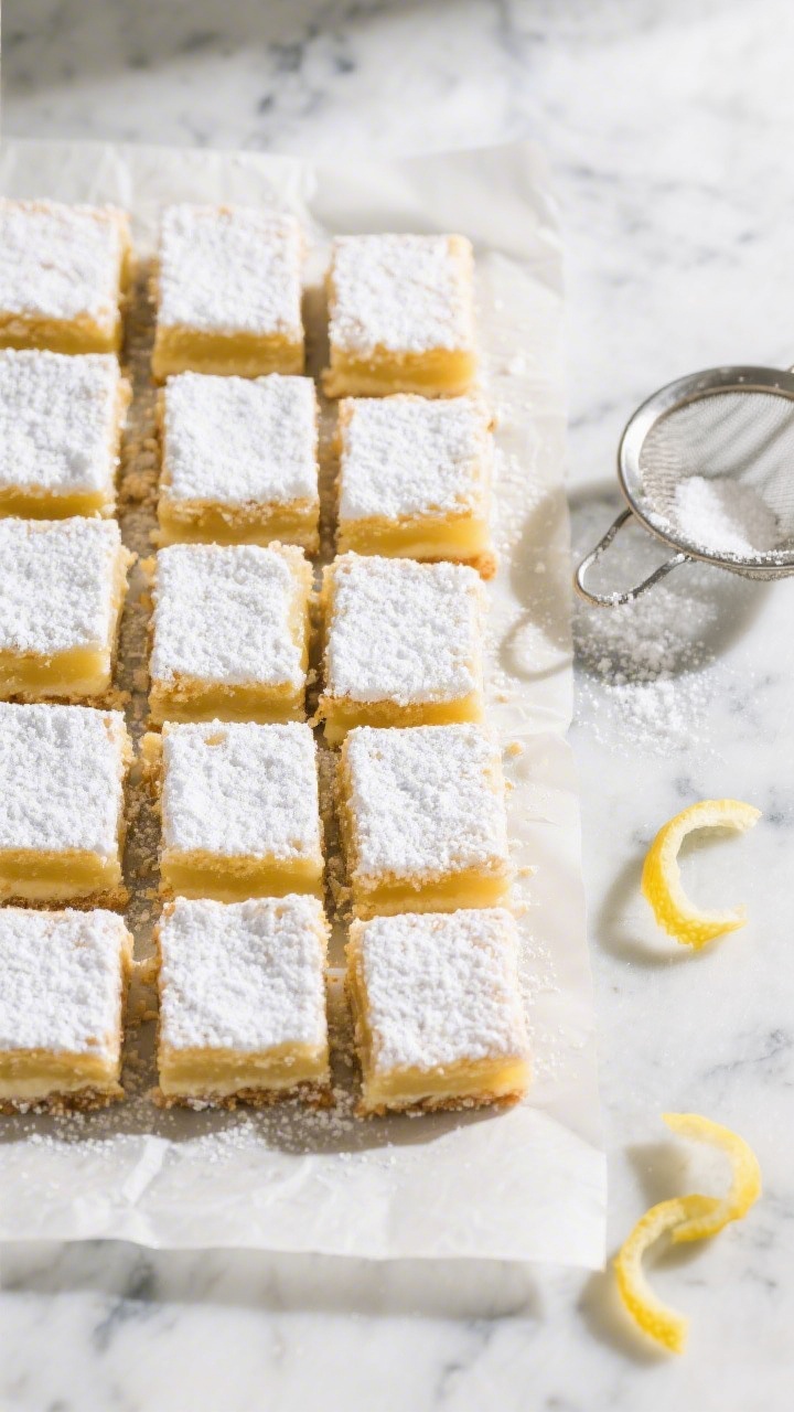 Tasty top view: Overhead shot of neatly sliced lemon bars arranged in a tight grid on parchment, eac