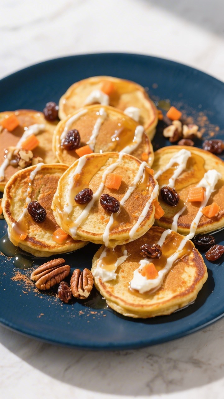 Tasty top view: Overhead shot of several evenly sized carrot cake pancakes arranged slightly overlap