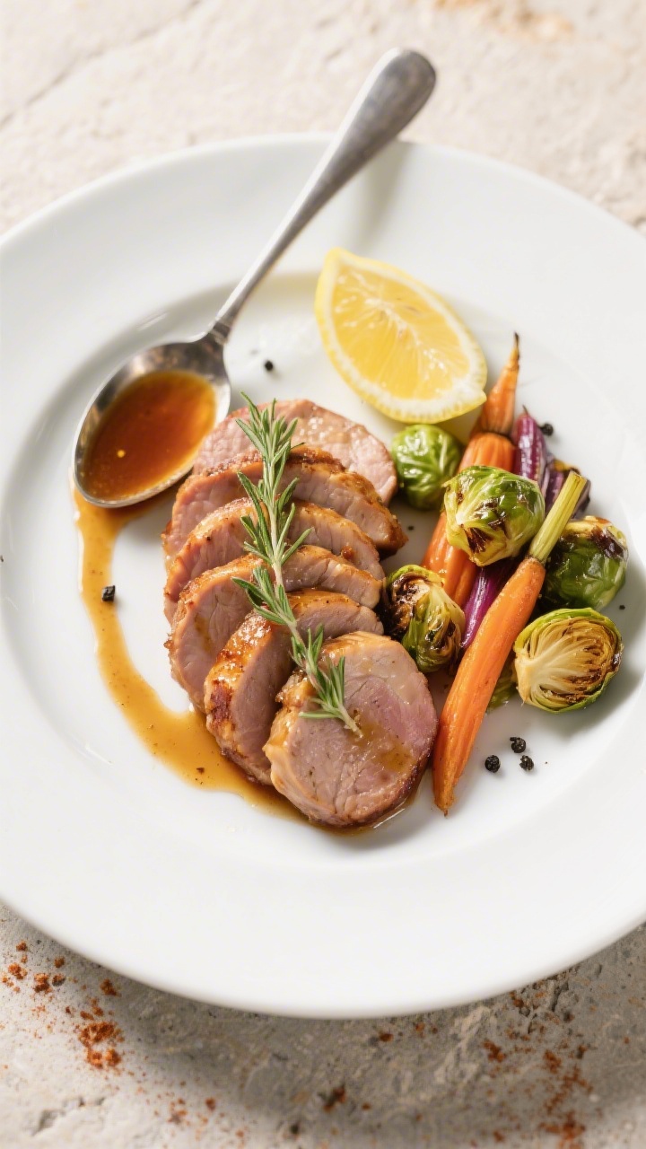 Tasty top view: Overhead shot of the final plated dish—fan of 1/2-inch pork medallions on a wide w