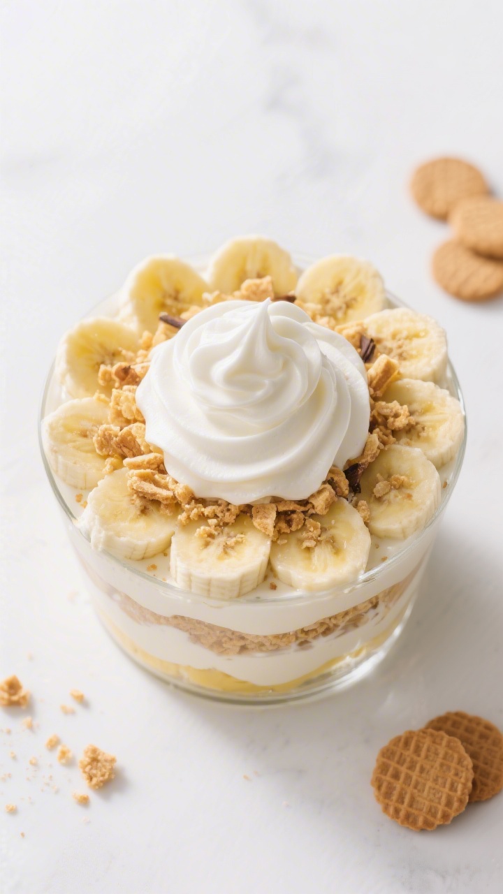 Tasty top view: Overhead shot of the finished Banana Pudding Trifle with a pristine, glossy swoop of