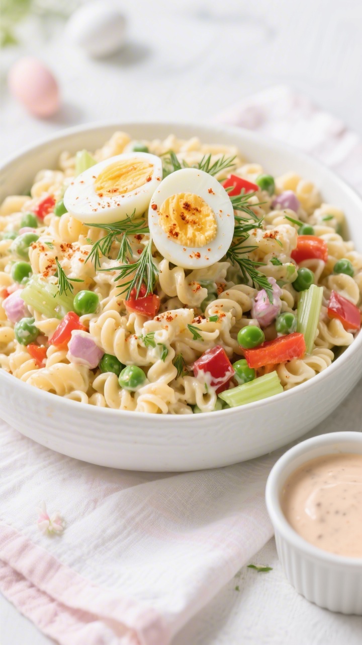 Tasty top view: Overhead shot of the finished Easter macaroni salad mounded in a white ceramic servi