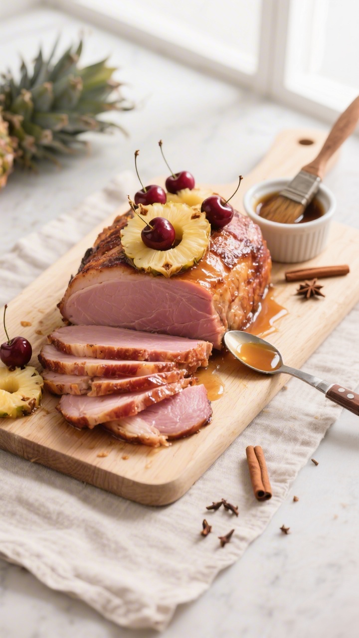 Tasty top view: Overhead shot of the ham resting on a carving board post-bake, several thin and thic