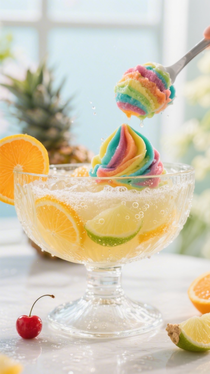 Close-up detail: A clear glass punch bowl mid-preparation as scoops of rainbow sherbet are gently fl