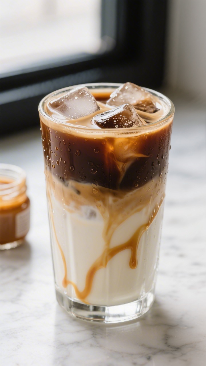 Close-up detail: A freshly layered iced caramel macchiato in a tall, chilled glass, showing distinct