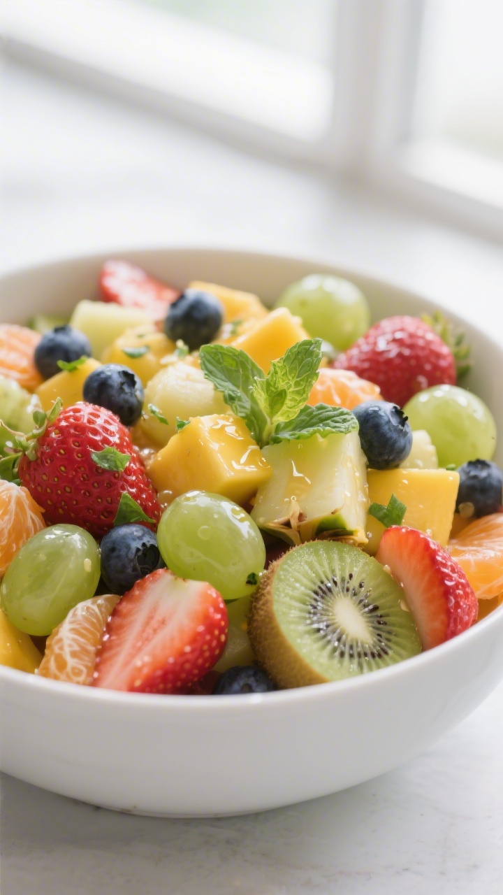 Close-up detail: A glossy bowl of prepared Easter Fruit Salad just after tossing, showing glistening