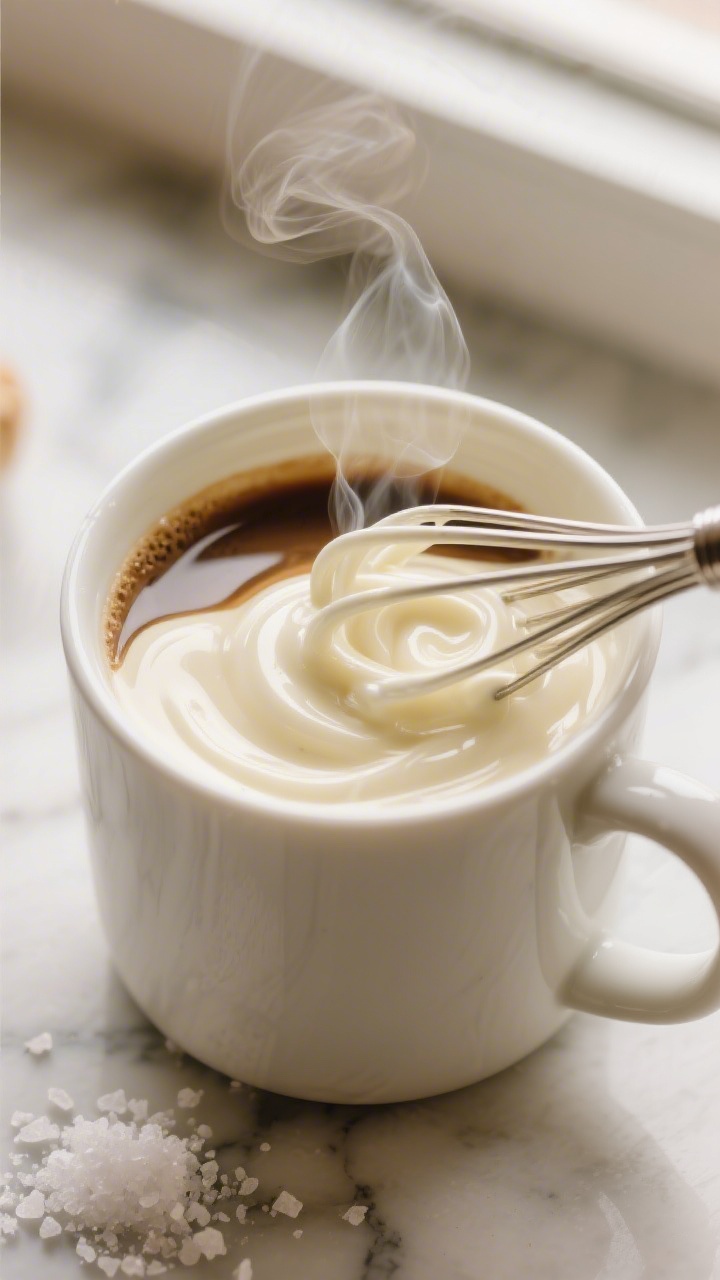 Close-up detail: A heatproof mug filled with freshly melted white chocolate and espresso, the mixtur
