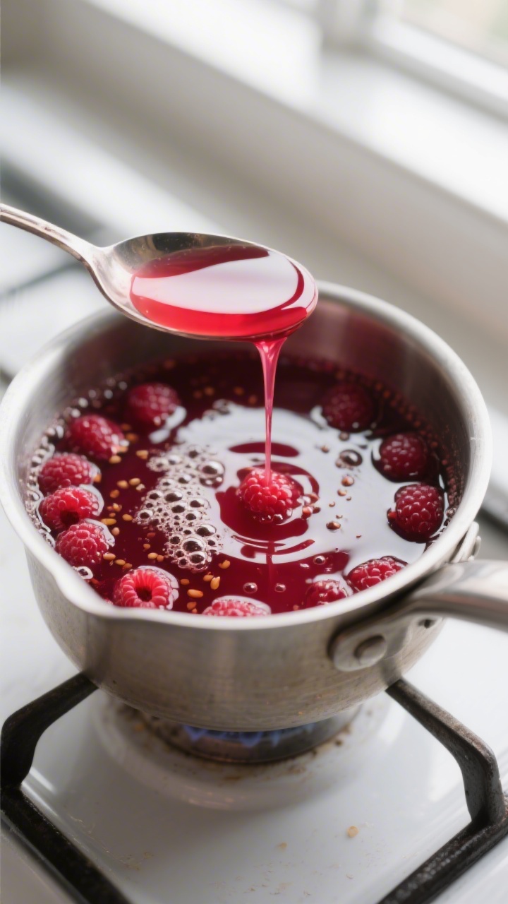 Close-up detail: A small saucepan of ruby-red raspberry syrup at a gentle simmer, seeds strained out