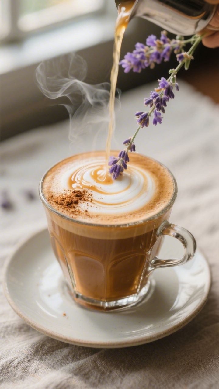 Close-up detail: A steaming honey lavender latte being finished, silky microfoam cascading over a de