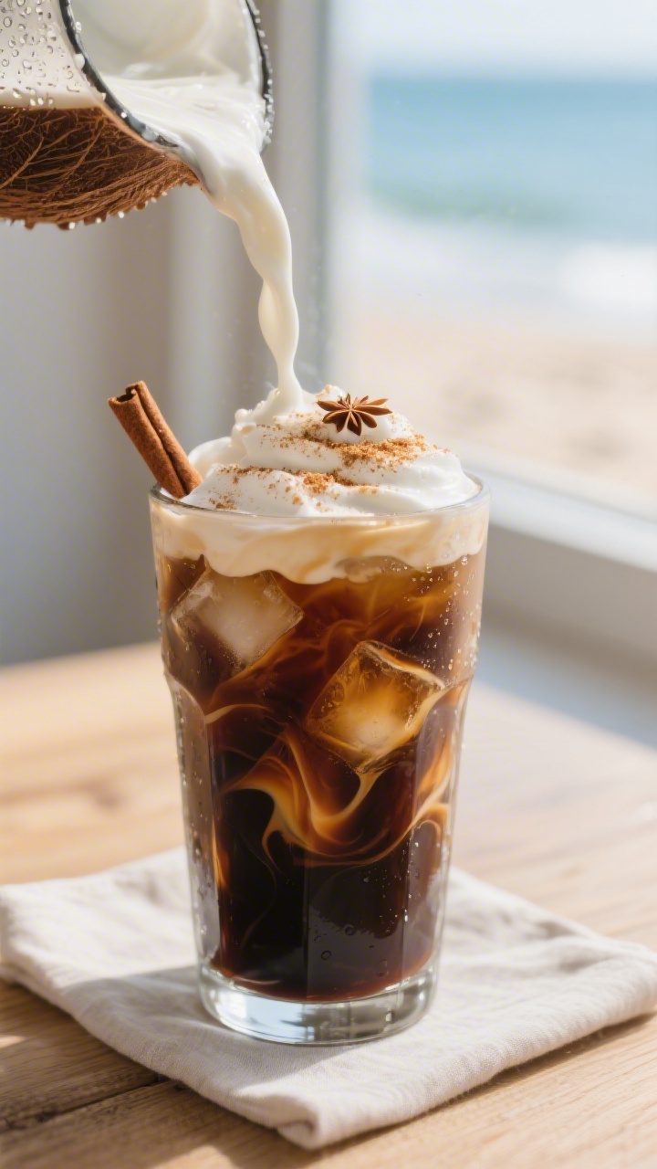 Close-up detail: A tall glass of Coconut Cream Iced Coffee mid-pour as the silky coconut cream toppe