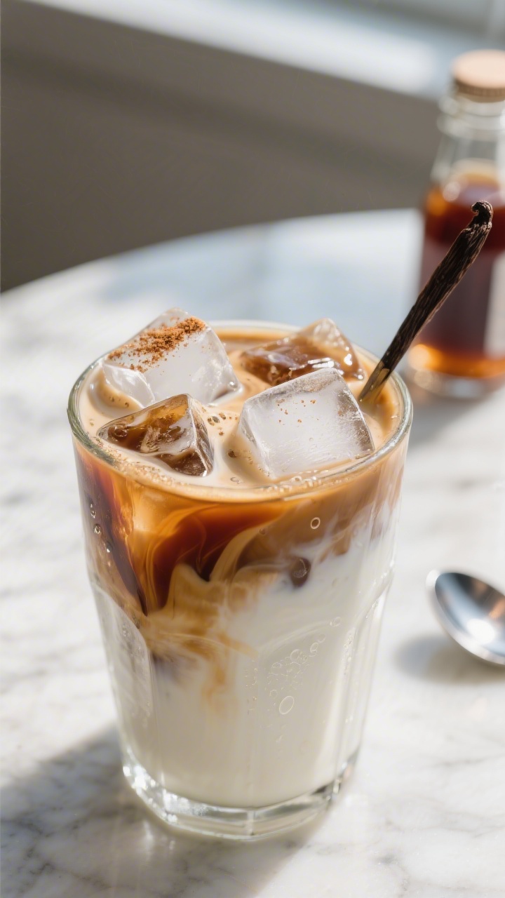 Close-up detail: Cool, prepared iced vanilla latte being stirred to dissolve vanilla syrup—glass f
