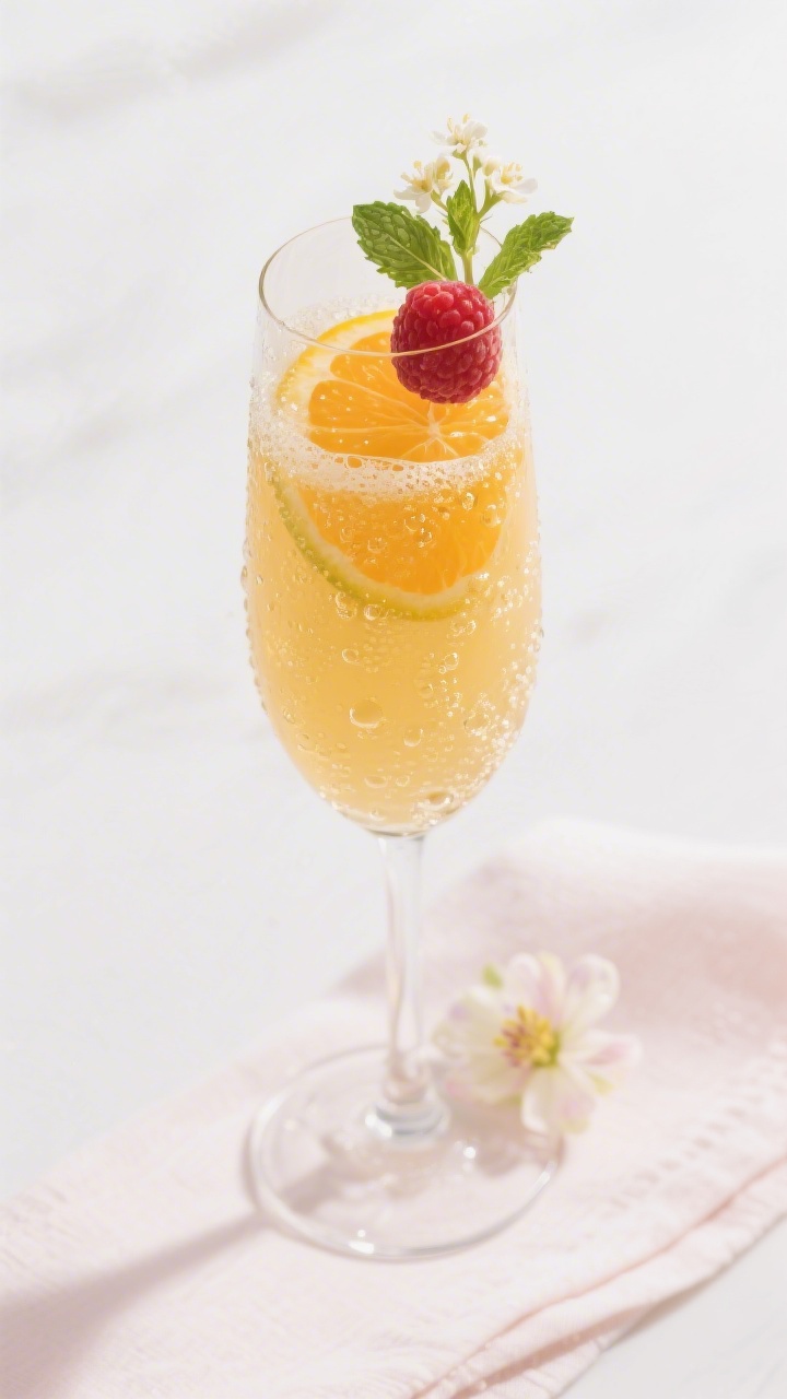 Close-up detail shot: A freshly poured Easter Brunch Mimosa in a narrow flute, bubbles racing upward