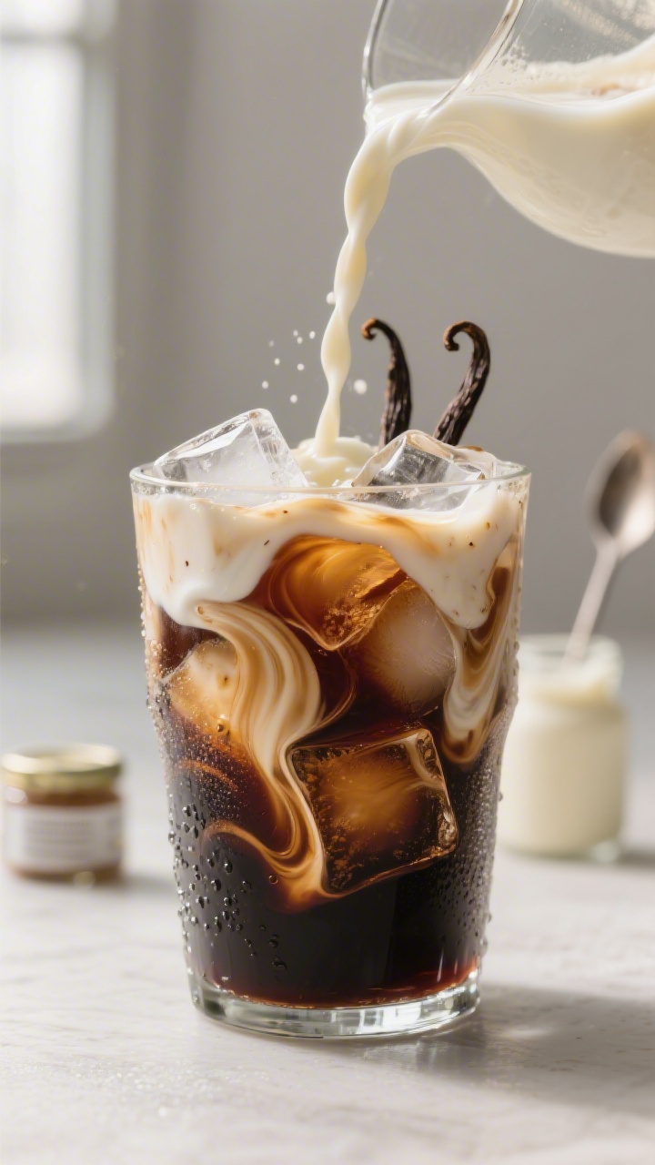 Close-up detail shot: A glass of vanilla sweet cream cold brew mid-pour, capturing the silky vanilla