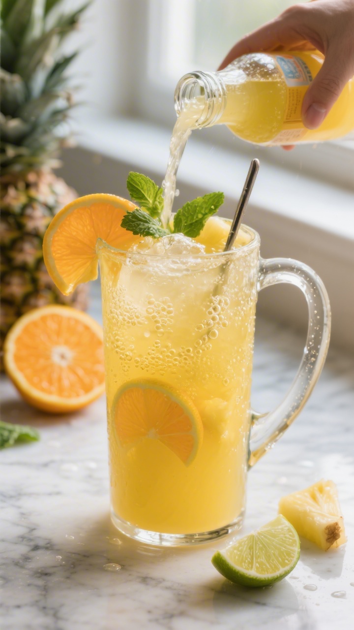 Close-up detail shot: A glass pitcher of fully prepared Pineapple Punch being stirred right before s
