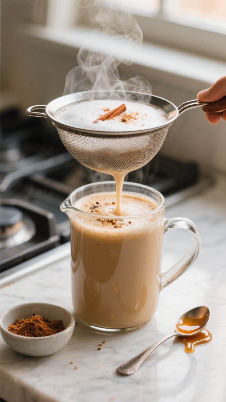 Close-up detail shot of a steaming Carrot Cake Latte being strained through a fine mesh strainer int