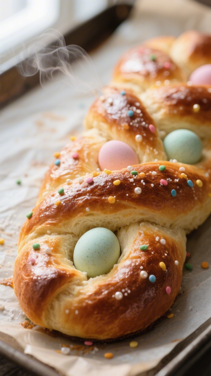 Close-up detail shot of freshly baked Italian Easter bread braid just out of the oven: golden-brown 