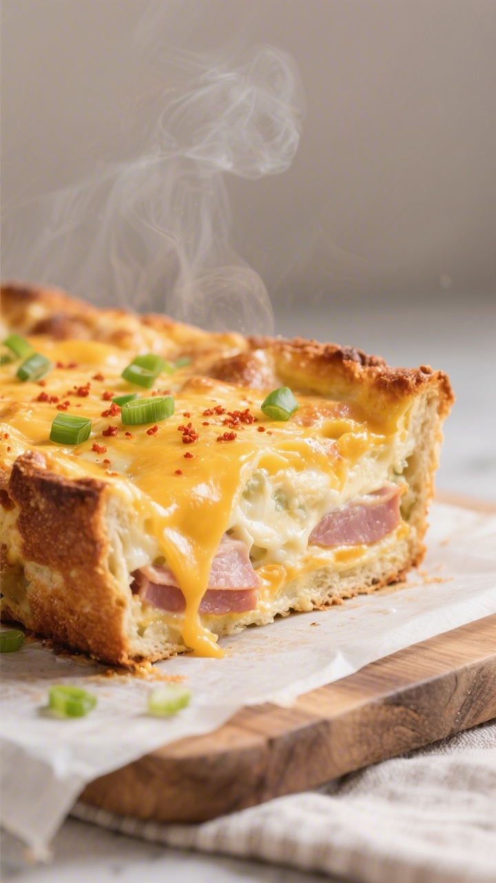 Close-up detail shot of the baked ham and cheese breakfast casserole just out of the oven, focusing 