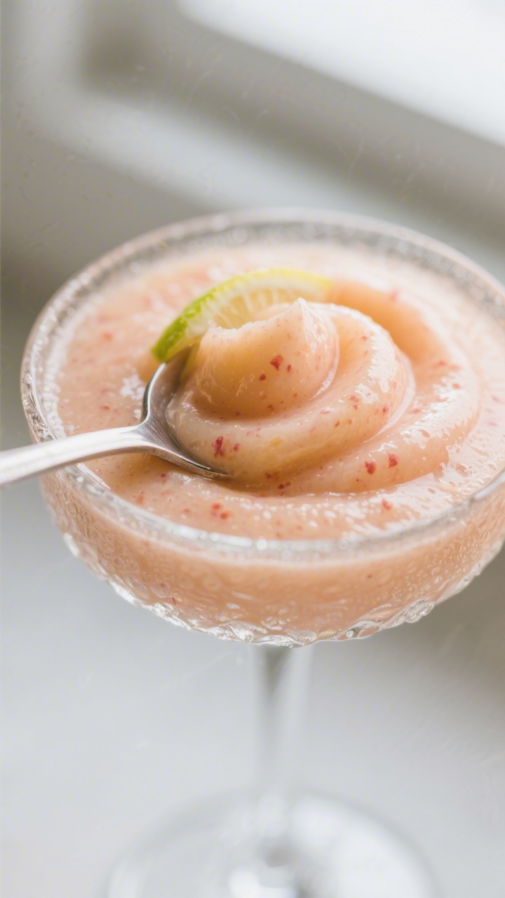 Close-up detail: Silky peach purée freshly blended and chilled, spooned into the bottom of a froste