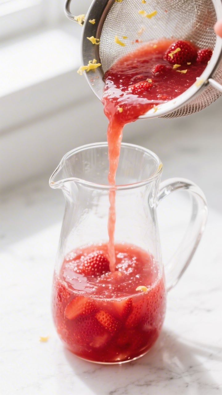 Close-up detail: Silky strawberry lemonade concentrate being poured through a fine-mesh strainer int