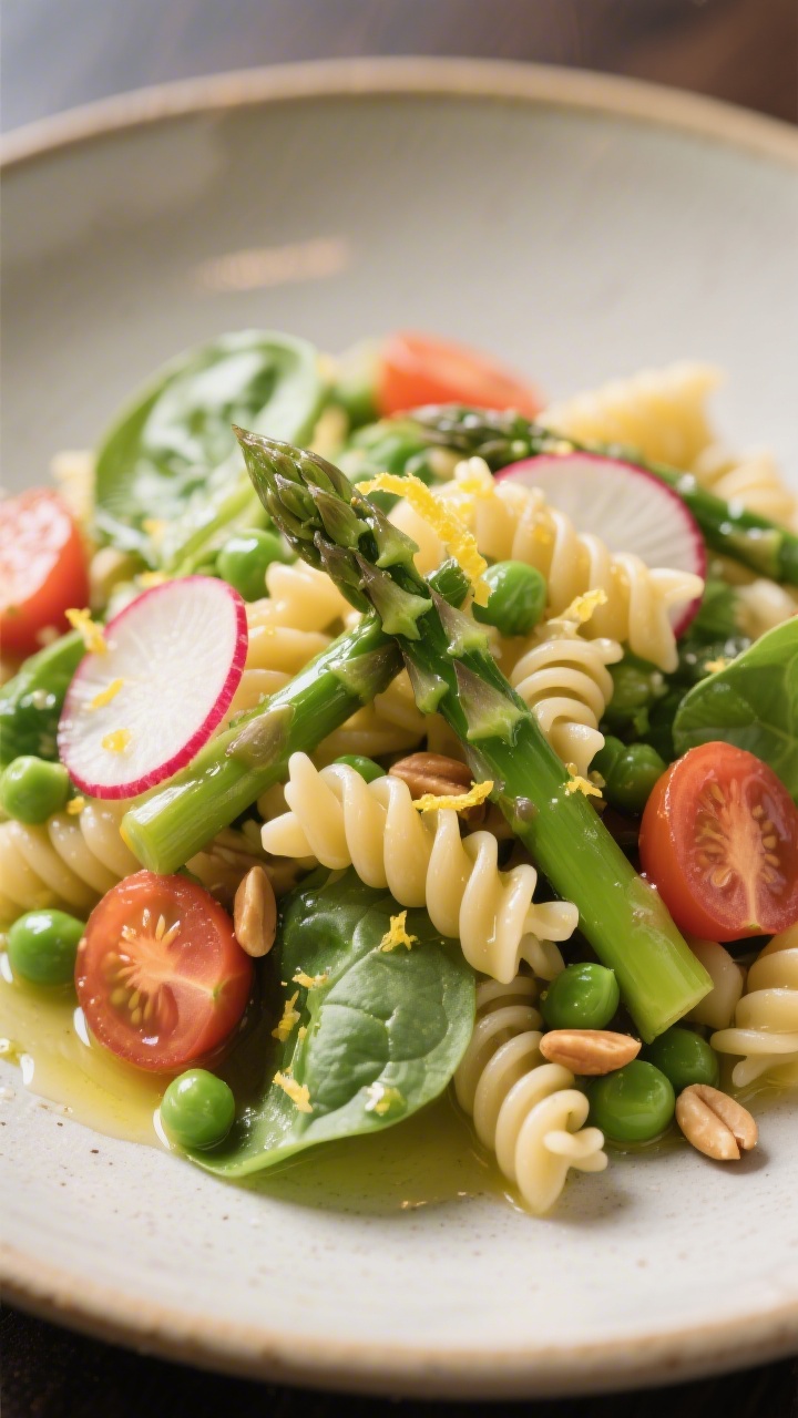 Close-up final plate: Restaurant-quality close-up of a neatly plated portion of Spring Vegetable Pas