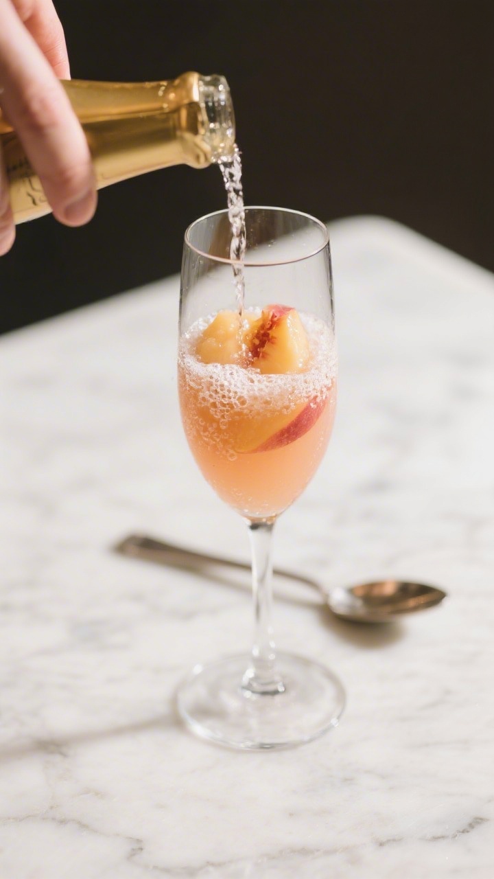 Cooking process: Assembly shot of a Peach Bellini Mocktail being carefully topped—sparkling water 