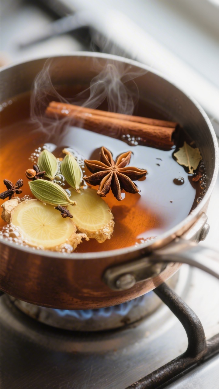 Cooking process, close-up detail: Close-up of simmering chai spice base in a small saucepan, showing