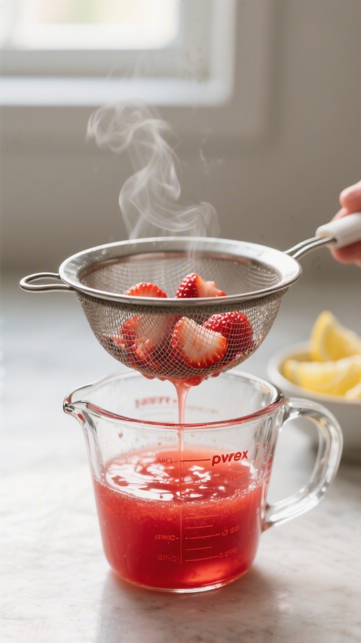 Cooking process close-up: Warm strawberry syrup being pressed through a fine-mesh strainer into a gl