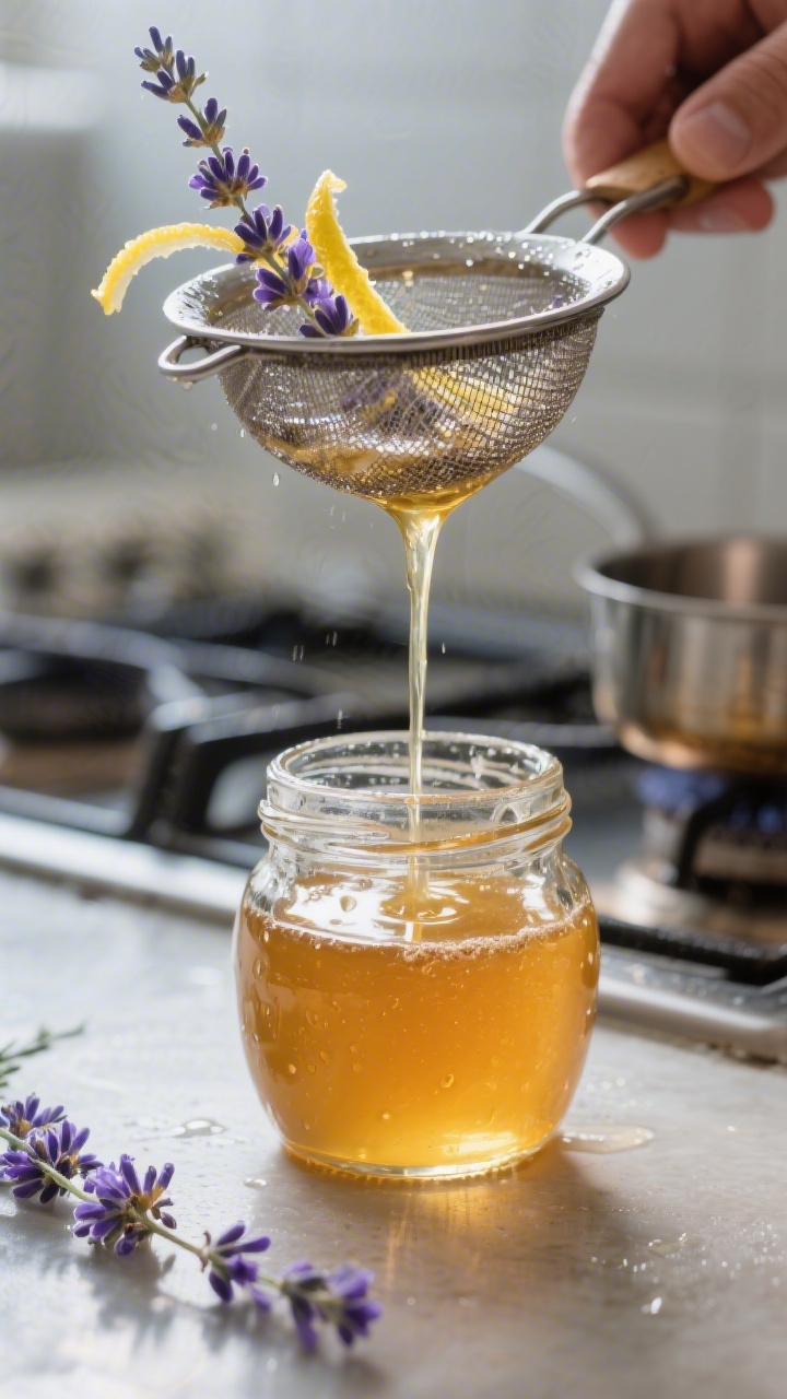 Cooking process: Lavender honey syrup being strained into a small glass jar—warm golden syrup pour