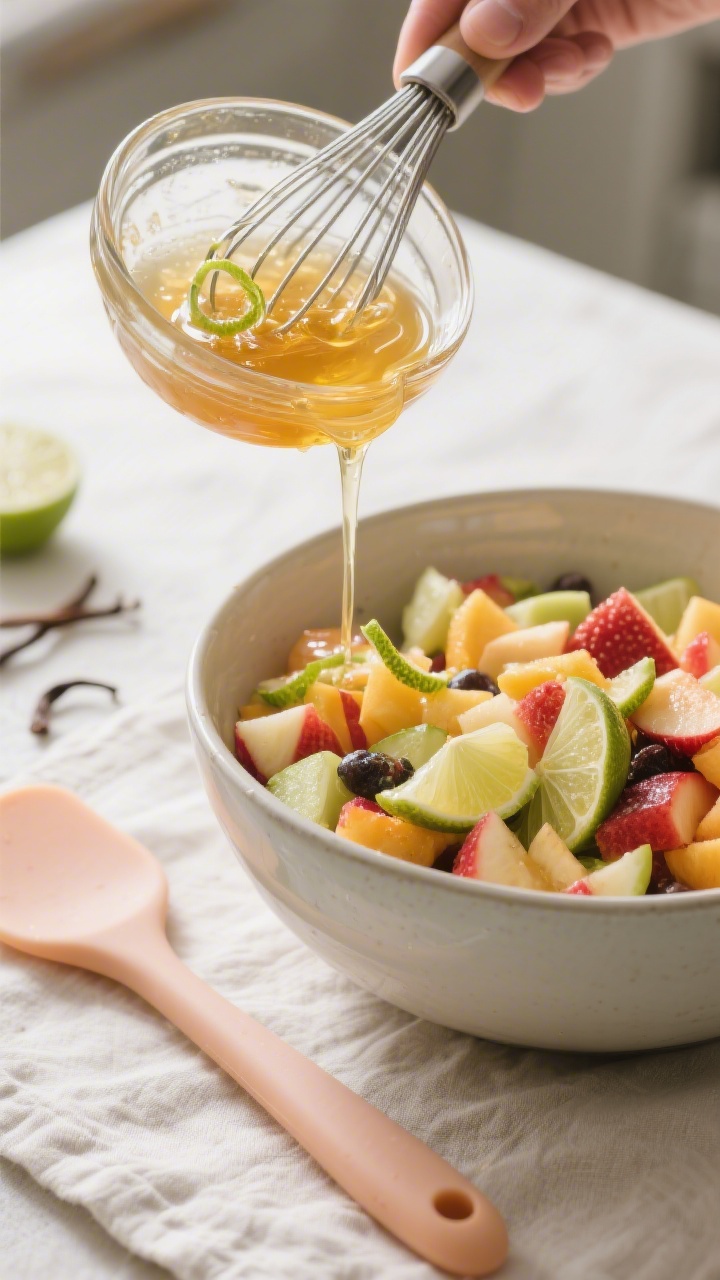 Cooking/process moment: The honey-lime dressing being whisked to a smooth, glossy emulsion in a smal