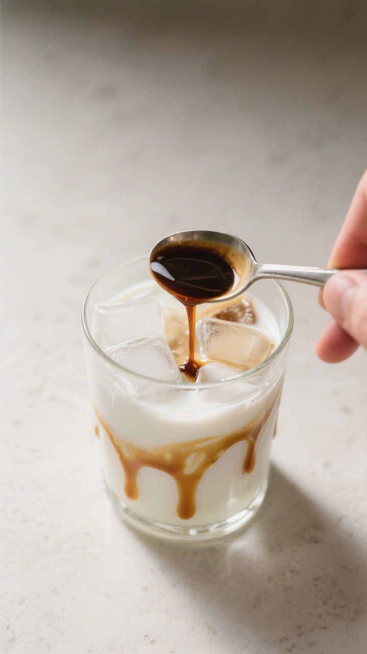 Cooking process: Overhead shot of the espresso being slowly poured over a spoon into a prepared glas