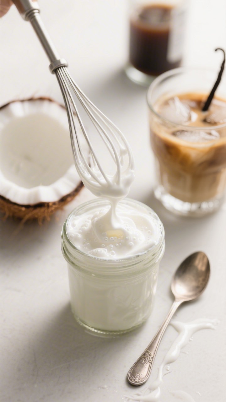 Cooking process: Overhead shot of whisked coconut cream “foam” in a small glass jar next to a sp