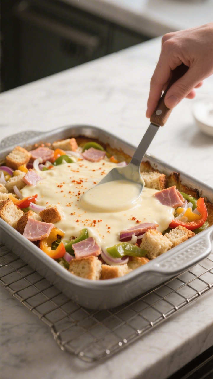 Cooking process shot: the assembled casserole right after the custard has been poured and pressed, s